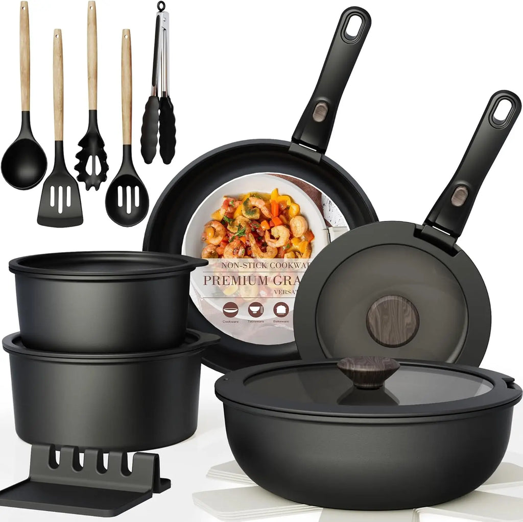 Nonstick Healthy Ceramic Coating Cookware Set Removable Handle Stackable Pots and Pans Oven Safe Induction Kitchen Set Space Saving 21pcs