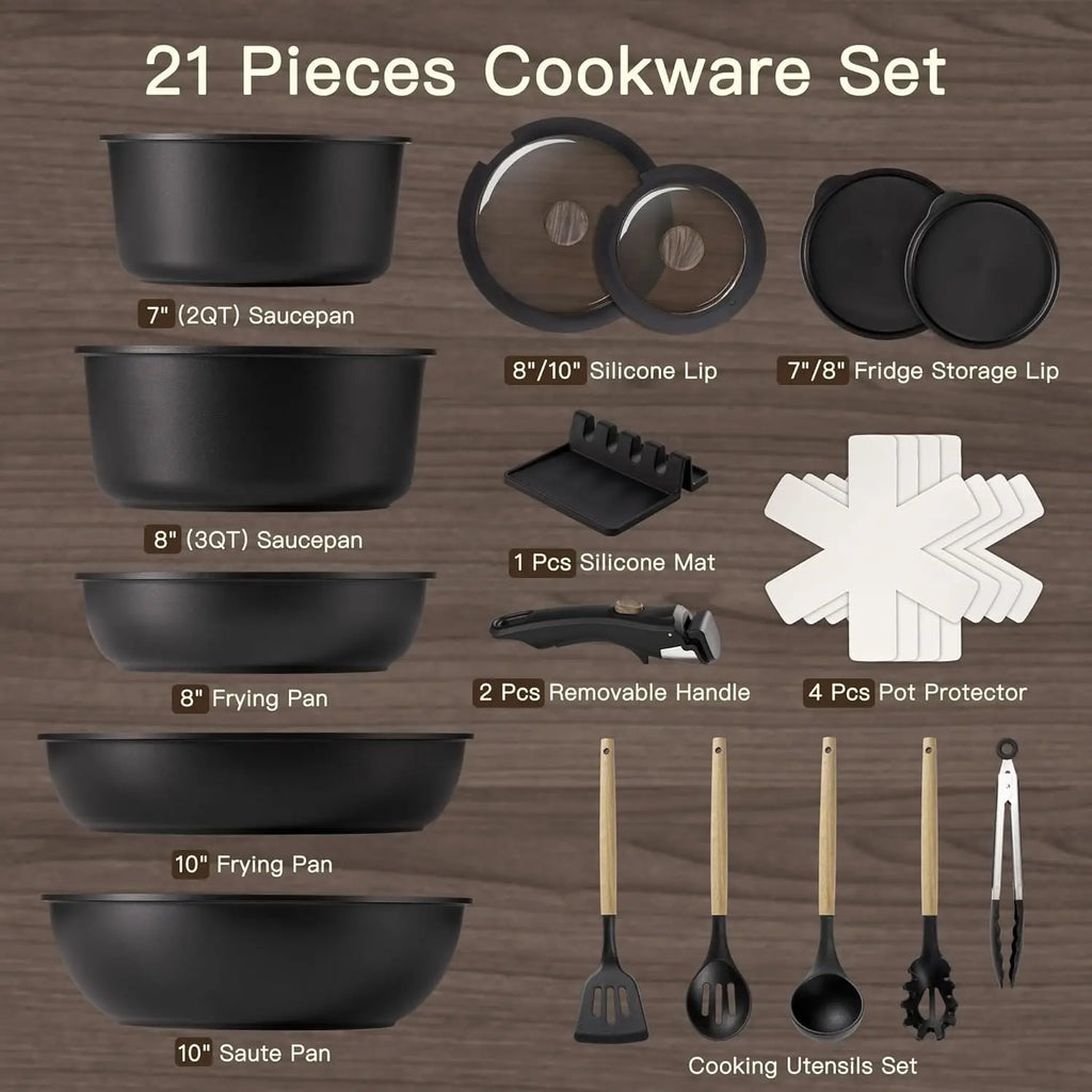 Nonstick Healthy Ceramic Coating Cookware Set Removable Handle Stackable Pots and Pans Oven Safe Induction Kitchen Set Space Saving 21pcs