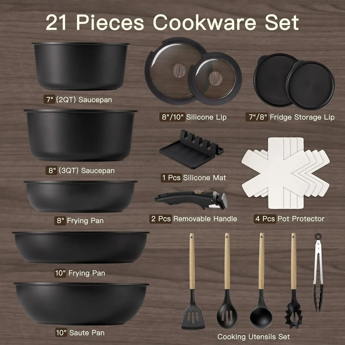 Nonstick Healthy Ceramic Coating Cookware Set Removable Handle Stackable Pots and Pans Oven Safe Induction Kitchen Set Space Saving 21pcs