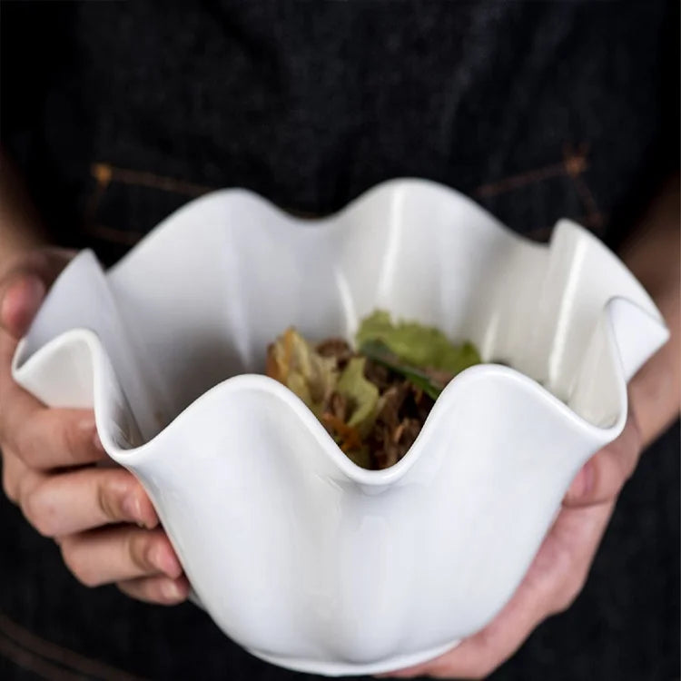 Korea South Style Pure White Ceramic Bowl Creative Rolled Edge Tableware for Dessert Fruit Vegetable Salad Eco-Friendly Plant