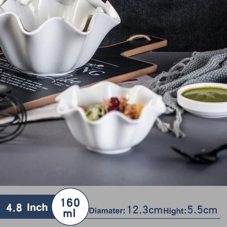 Korea South Style Pure White Ceramic Bowl Creative Rolled Edge Tableware for Dessert Fruit Vegetable Salad Eco-Friendly Plant