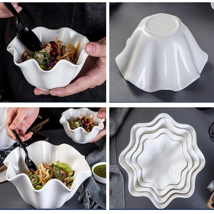 Korea South Style Pure White Ceramic Bowl Creative Rolled Edge Tableware for Dessert Fruit Vegetable Salad Eco-Friendly Plant