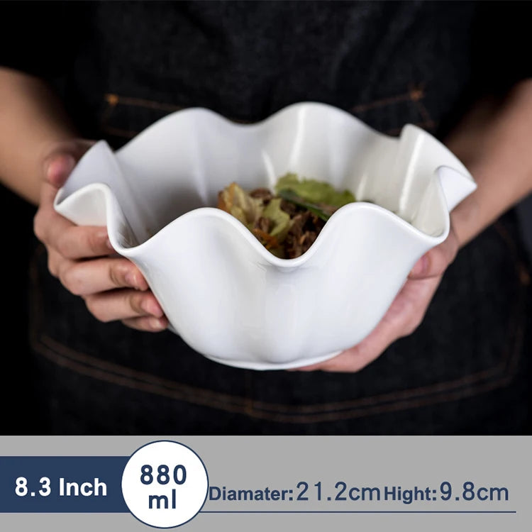 Korea South Style Pure White Ceramic Bowl Creative Rolled Edge Tableware for Dessert Fruit Vegetable Salad Eco-Friendly Plant