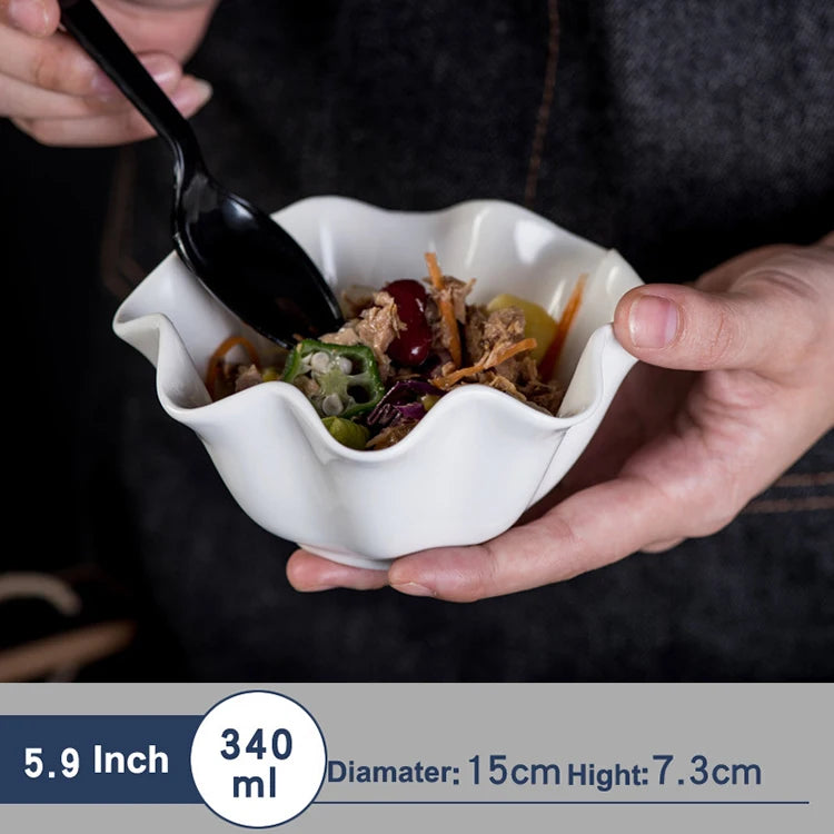 Korea South Style Pure White Ceramic Bowl Creative Rolled Edge Tableware for Dessert Fruit Vegetable Salad Eco-Friendly Plant