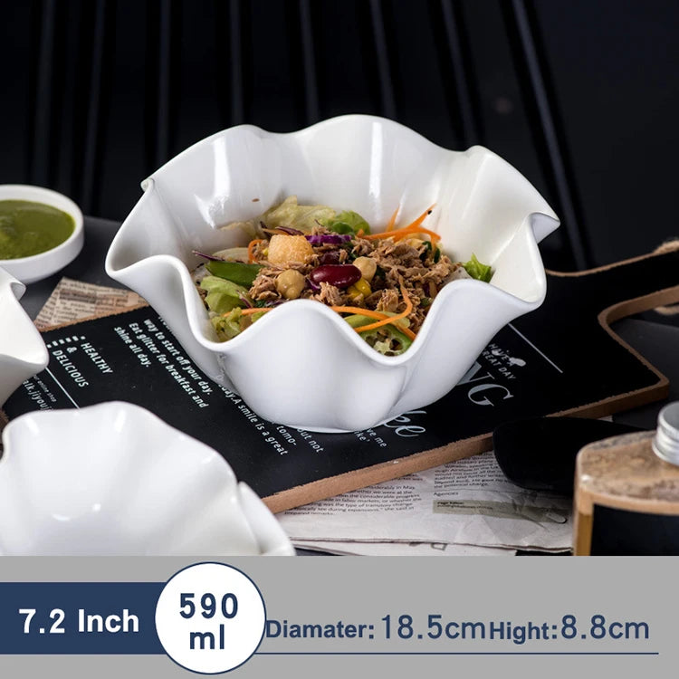 Korea South Style Pure White Ceramic Bowl Creative Rolled Edge Tableware for Dessert Fruit Vegetable Salad Eco-Friendly Plant