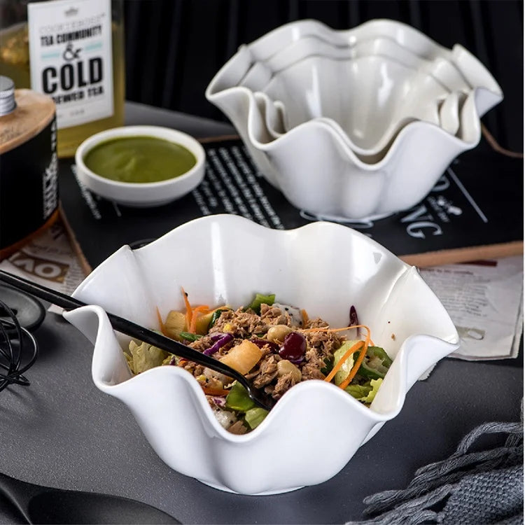 Korea South Style Pure White Ceramic Bowl Creative Rolled Edge Tableware for Dessert Fruit Vegetable Salad Eco-Friendly Plant