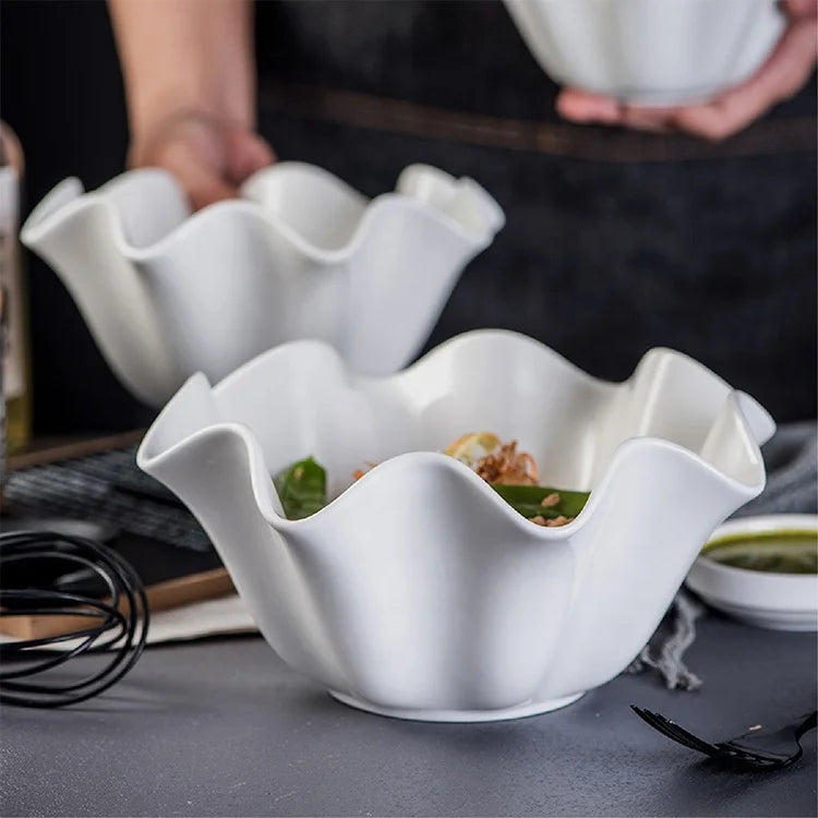 Korea South Style Pure White Ceramic Bowl Creative Rolled Edge Tableware for Dessert Fruit Vegetable Salad Eco-Friendly Plant