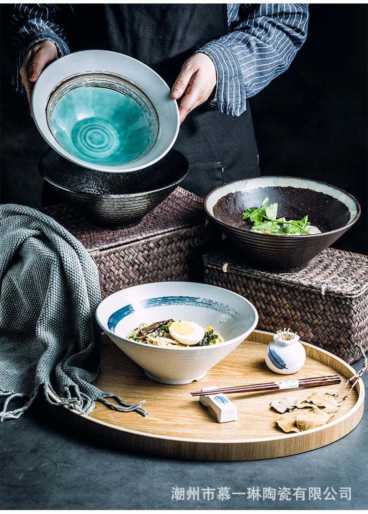 Creative Ceramic Bowl Japanese Ramen Bowl Household Soup Noodle Large Bucket Horn Bowl Tableware Set