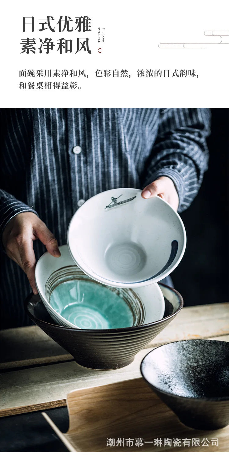 Creative Ceramic Bowl Japanese Ramen Bowl Household Soup Noodle Large Bucket Horn Bowl Tableware Set