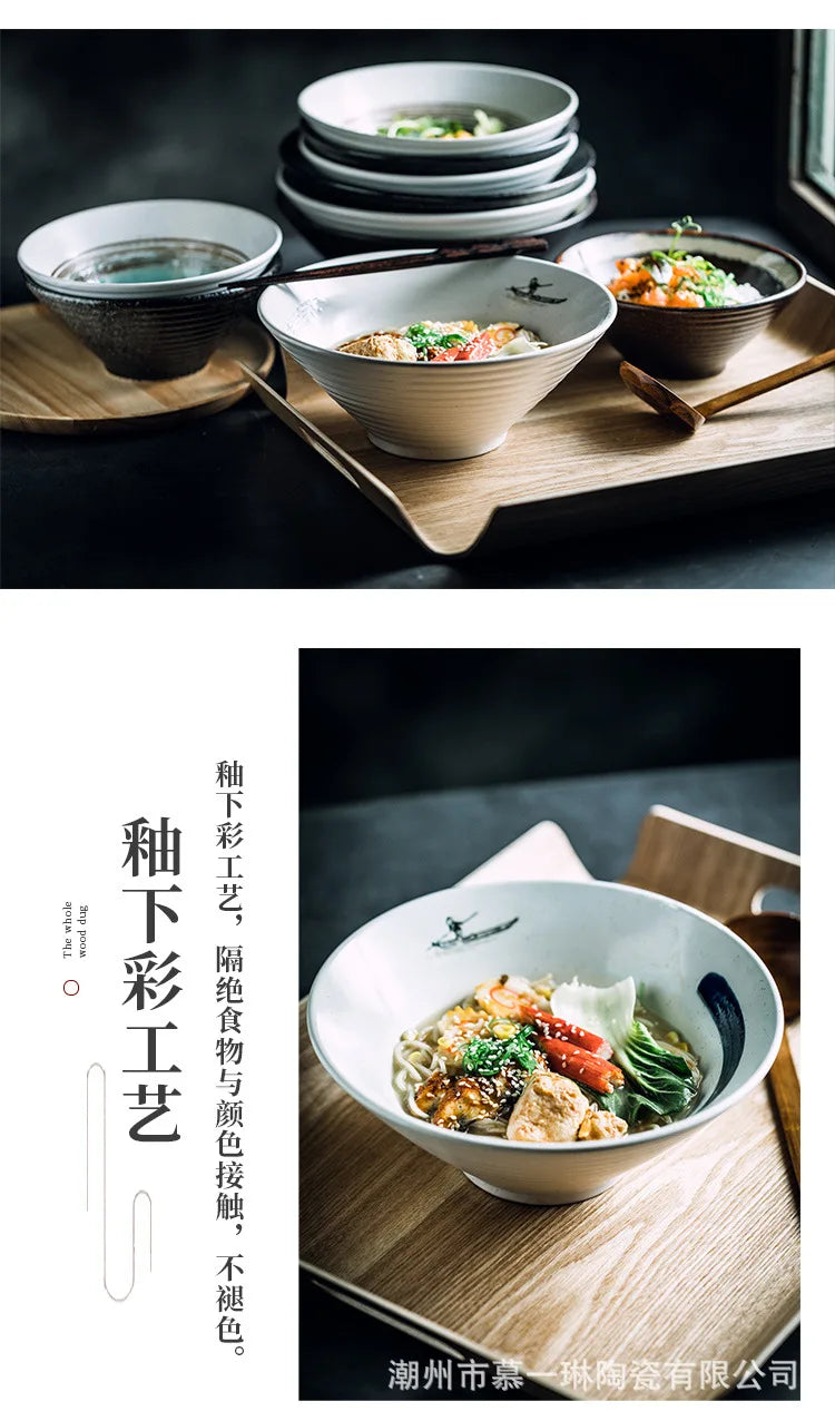 Creative Ceramic Bowl Japanese Ramen Bowl Household Soup Noodle Large Bucket Horn Bowl Tableware Set