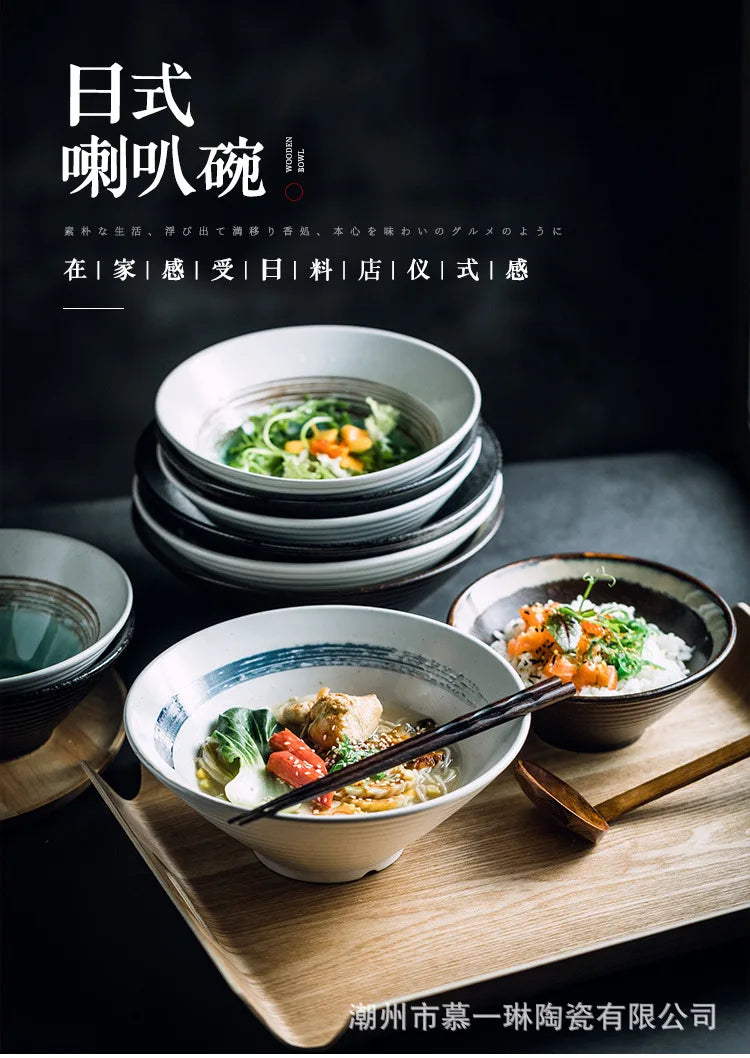 Creative Ceramic Bowl Japanese Ramen Bowl Household Soup Noodle Large Bucket Horn Bowl Tableware Set