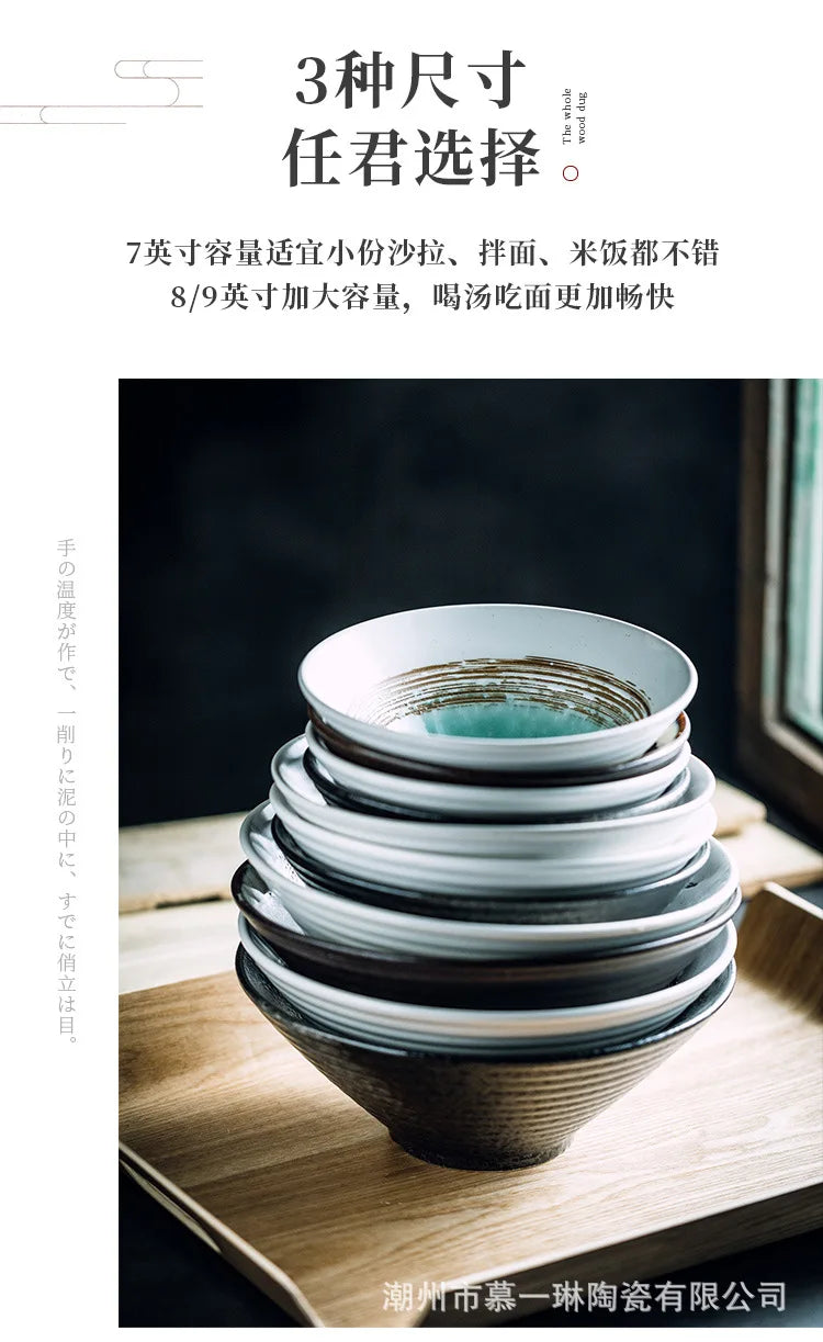 Creative Ceramic Bowl Japanese Ramen Bowl Household Soup Noodle Large Bucket Horn Bowl Tableware Set
