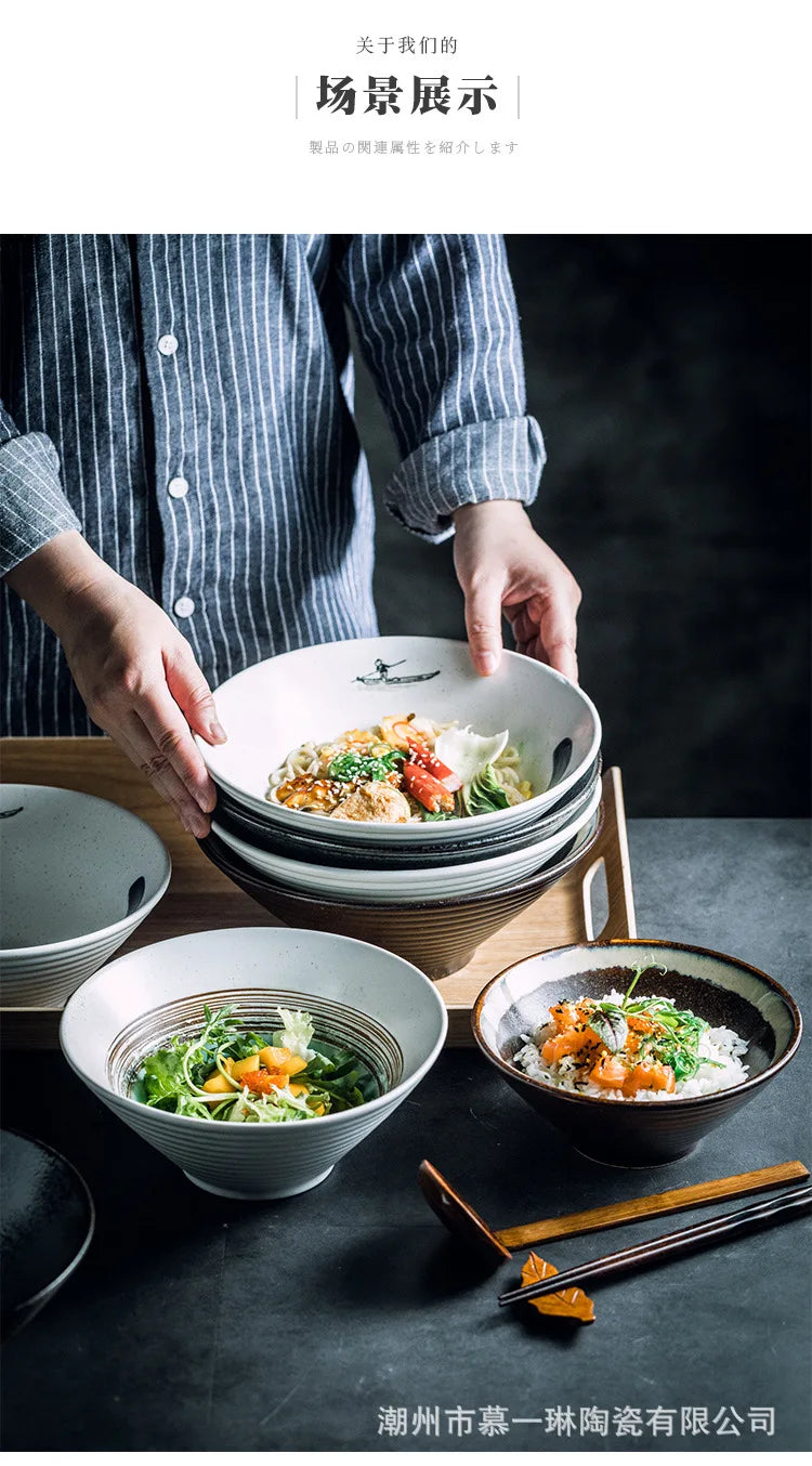 Creative Ceramic Bowl Japanese Ramen Bowl Household Soup Noodle Large Bucket Horn Bowl Tableware Set