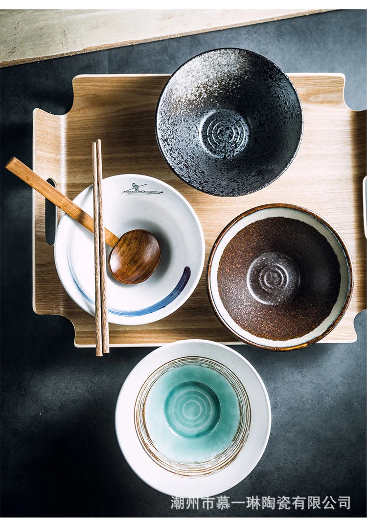 Creative Ceramic Bowl Japanese Ramen Bowl Household Soup Noodle Large Bucket Horn Bowl Tableware Set