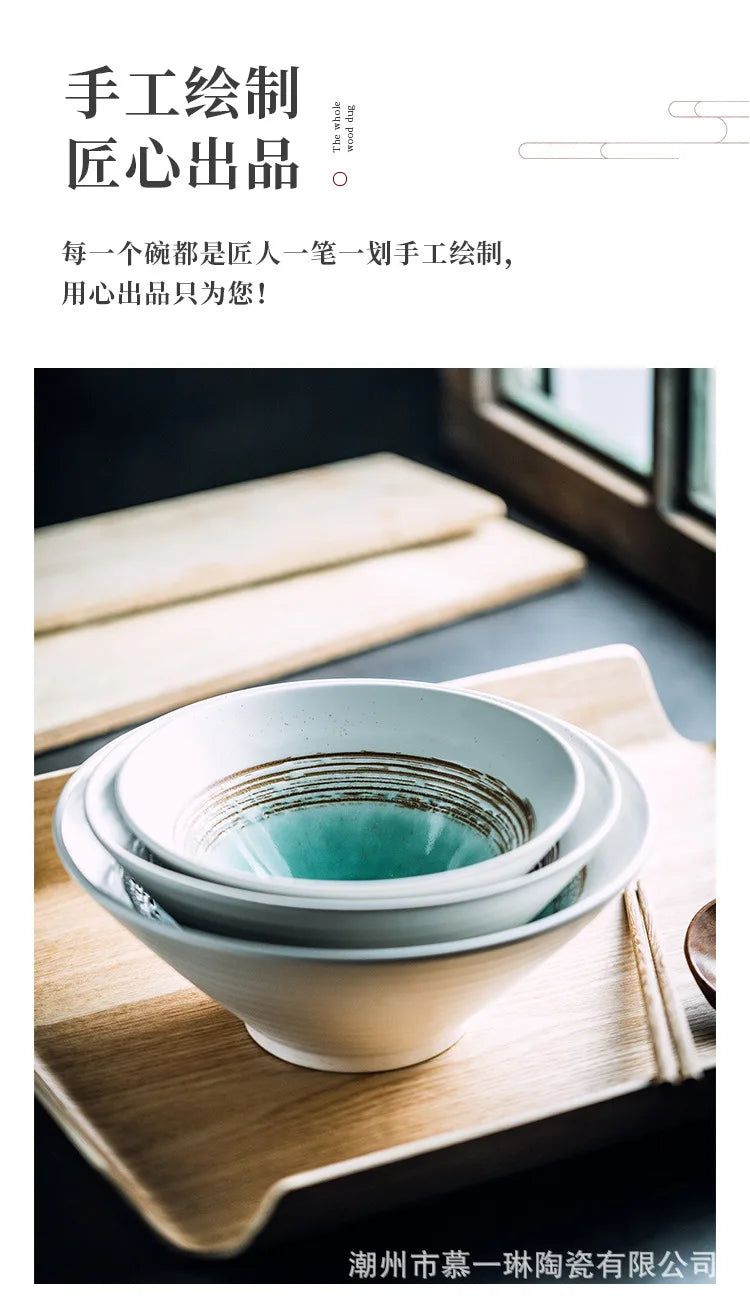 Creative Ceramic Bowl Japanese Ramen Bowl Household Soup Noodle Large Bucket Horn Bowl Tableware Set