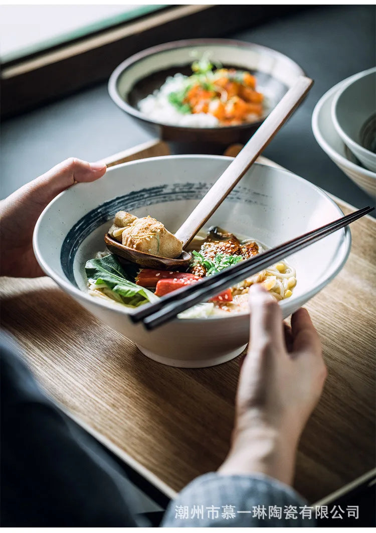 Creative Ceramic Bowl Japanese Ramen Bowl Household Soup Noodle Large Bucket Horn Bowl Tableware Set